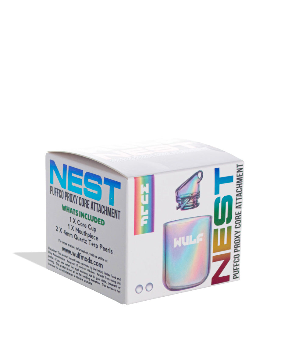 WULF Nest Puffco Proxy core attachment retail box in iridescent, side view