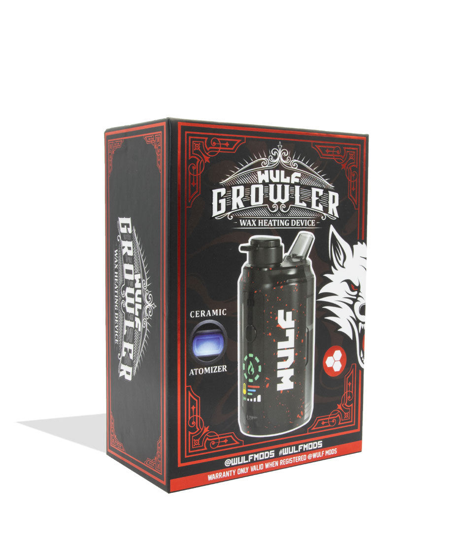 Black Red Spatter Wulf Mods Growler Electronic Dab Rig packaging side view on white background