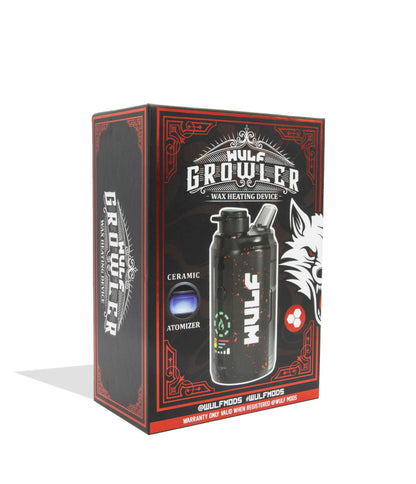 Black Red Spatter Wulf Mods Growler Electronic Dab Rig packaging side view on white background