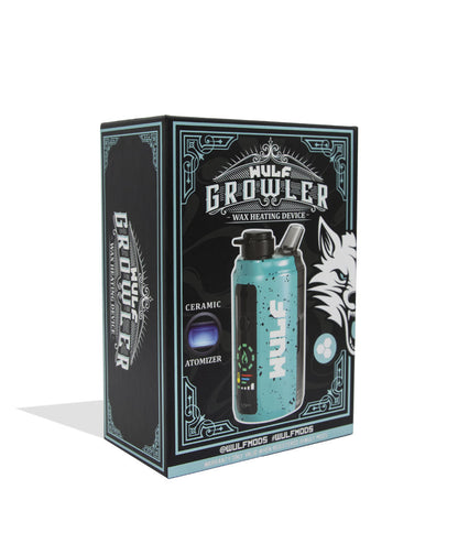Teal Black Spatter Wulf Mods Growler Electronic Dab Rig packaging side view on white background
