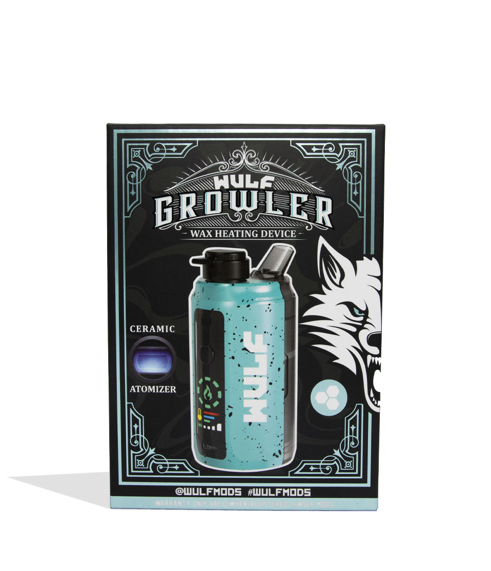 Teal Black Spatter Wulf Mods Growler Electronic Dab Rig packaging on white background