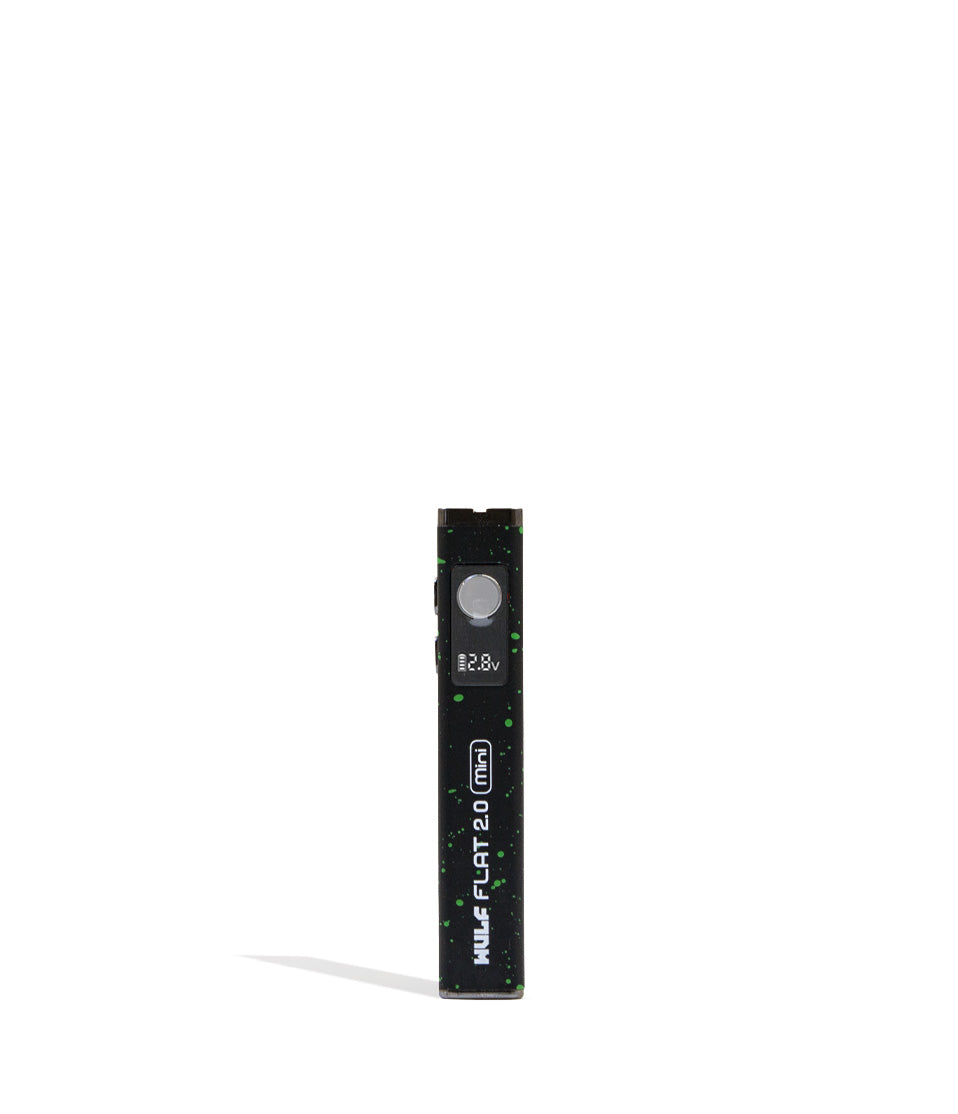 Black Green Spatter Wulf Mods Flat Mini 2.0 Variable Voltage Battery 9pk Front View on White Background