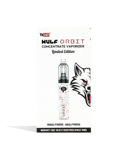 White Red Spatter front view Wulf Mods Orbit Concentrate Vaporizer Packaging on white studio background